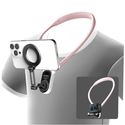 SEANCHEER H-01 Magnetic Phone Neck Holder Mount POV Vlog Hands Free (Not a Phone Holder for Gaming or Reading) with Magnetizer Ring Video Recording for iPhone Android Phone Go Pro Action Camera（Pink）