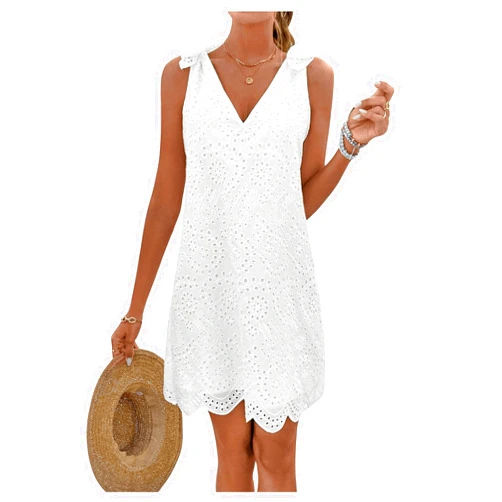 MakeMeChic Women's Eyelet Embroidery V Neck Tank Dress Tie Shoulder Scallop Trim Mini Dress