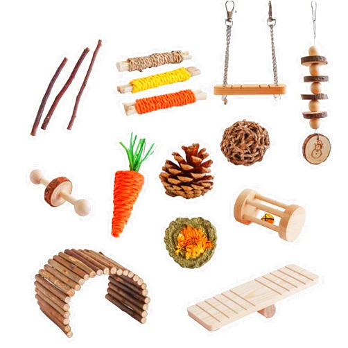 GOODMOM 16pcs Hamster Toys Set Apple Wood Sweet Bamboo Rabbit Chew Toys Wooden Arch Bridge Swing Seesaw Small Pet Toy Hamster Cage Accessories Hamster Chew Toys for Teeth Care
