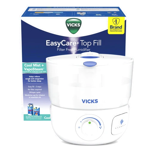 Vicks PUR Vicks EasyCare+ Top Fill Filter-Free Cool Mist Humidifier, Small Room–For Vapors 2 Ways –Works with Vicks VapoPads and VapoSteam, White