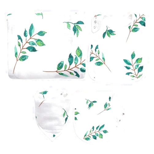 ZandH Global 4pc Leaf Muslin Swaddle Blanket, Bibs, and Burp Cloth Set for Baby Boys and Baby Girls - Soft, Breathable, and Multi-Purpose Receiving Blanket. Baby Essentials.