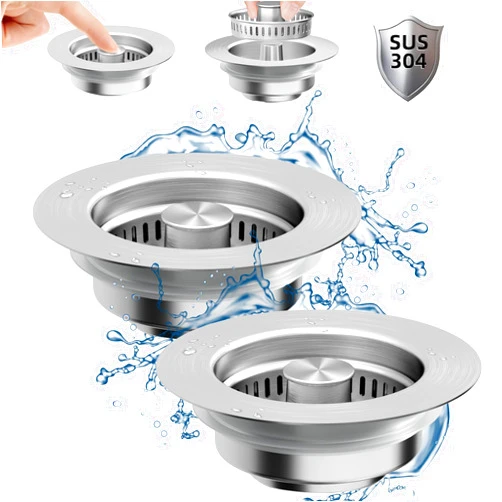 NinjaTiger Kitchen Sink Drain Strainer - 2 Pack 3-in-1 Stainless Steel Pop Up Sink Stopper Sink Strainer Basket Sink Stopper Filter Plug for US Standard 3-1/2 Inch Sink Drain | Silver- 2Pack