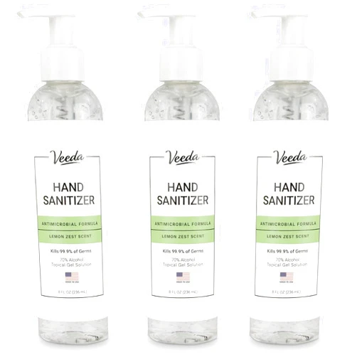 Veeda Hand Sanitizer with Lemon Zest Scent - Moisturizing Clear Gel with Vitamin E & Antimicrobial Formula- Contains 70% Ethyl Alcohol - Hand Sanitizer Travel Size, Made in USA - 3x 8oz bottles