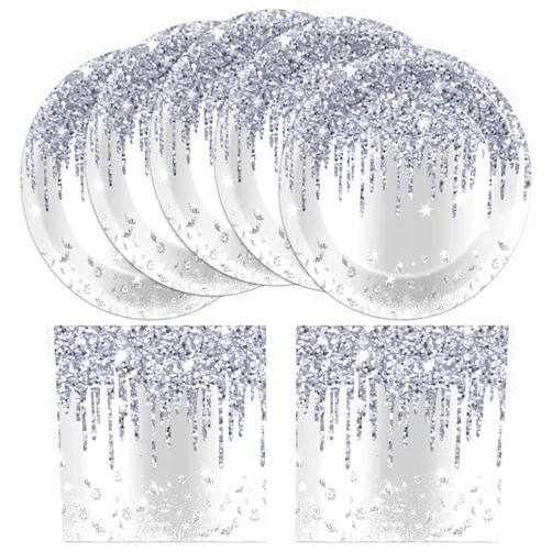 CHUNNIN 50 Pcs Silver Glitter Disposable Party Plates and Napkins Glitter Diamonds Happy Birthday Party Supplies for 25 Guests Table Decorations for Wedding Silver Birthday Decorations Paper Plates Napkins
