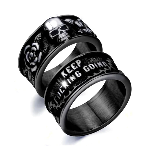 ELFASIO Vintage Gothic Skull Rings for Men Women, Stainless Steel Black Onyx Poker Ring Band Silver Skeleton Cocktail Party Biker Ring