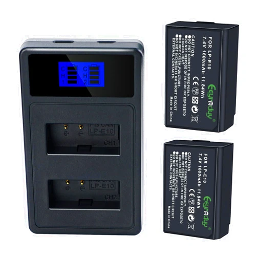 Eeyrnduy LP-E10 Battery and Dual Battery Charger for Canon EOS Rebel T7 T6 T5 T3 T100, Kiss X50 X70 EOS1100D/1200D/1300D/2000D Digital Cameras(2-Pack 1600mAh)