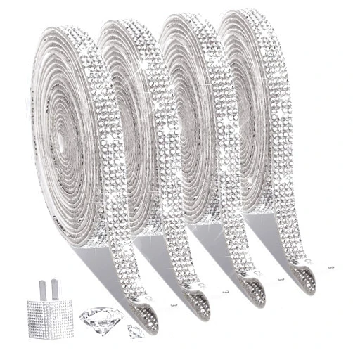 EANLOLY 4 Rolls Self Adhesive Crystal Rhinestone Ribbon Diamond Bling Tape with 2 mm Rhinestones Strips Sticker for Arts Crafts Wedding Birthday Party DIY Event Car Phone Decoration (Silver)