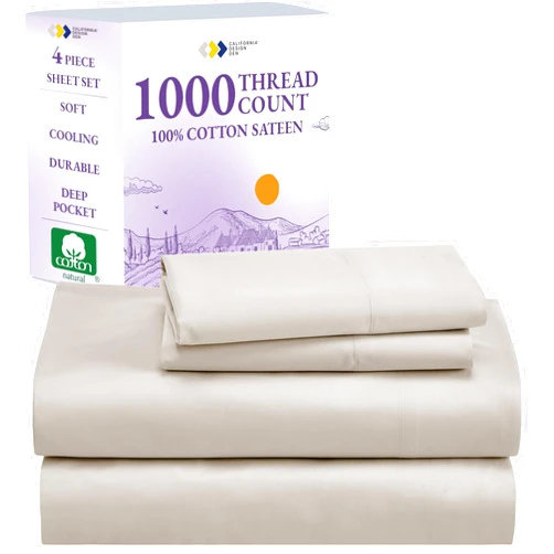 California Design Den 1000 Thread Count King Size Sheets Set, Winner Architectural Digest Best Sheet, 4 Pc Luxury 100% Cotton Sateen Bed Sheets, Softer Than Egyptian Cotton (Beige)