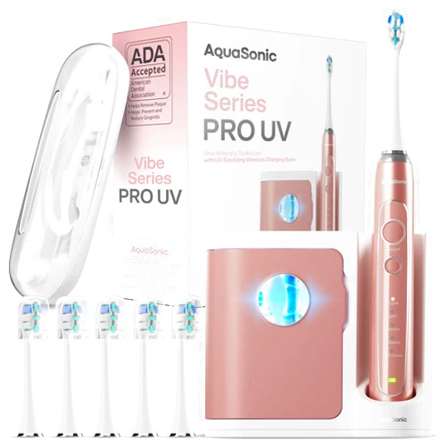 Aquasonic Vibe Series PRO – Ultra-Whitening Electric Toothbrush – 5 Modes & Smart Timers – UV Sanitizing Base – ADA Accepted (Satin Rose Gold)