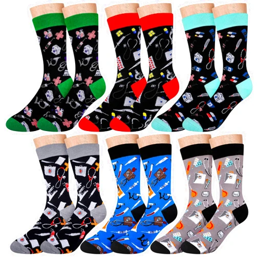 Hercicy 6 Pairs Mens Nurse Socks Doctor Pharmacy Medical Socks Funny Gifts for Nurses Doctor Nursing Students Medical Assistants