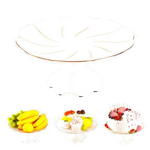 DUJUST Elegant Porcelain Cake Stand(Holds 8 inch Cake), British Style White Serving Tray with Golden Trim, Food Grade Dessert Display Stand, Beautiful Gift for Tea Party & Home Décor