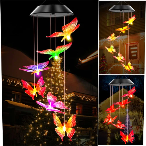 WENANA Purple Butterfly Solar Wind Chimes Color Changing Lights Outdoor, Best Gifts for Mom Grandma Women Wife Aunt Sister, Unique Mobile Wind Chime, Christmas Garden Yard Decor