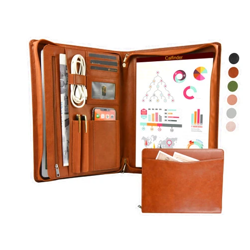 Calfinder Leather Portfolio Organizer for Men, Professional Business Padfolio Folder with Letter Size Notepad, Vegan Leather Resume Zippered Padfolio for Interview, Gift for Women/Lady, Brown