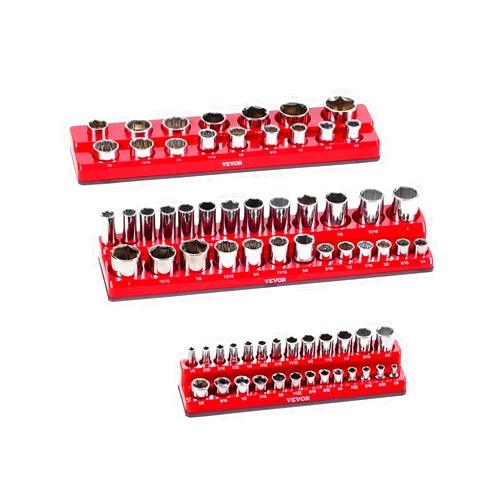 VEVOR Magnetic Socket Organizer Set, 3PCS Magnetic Socket Holder, 1/4'', 3/8'' & 1/2'' SAE Socket Trays with Clear Labels, Hold up to 68PCS Standard & Deep Sockets, Red (Sockets Not Included)