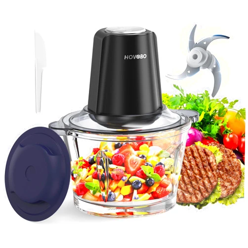 HOVOBO Food Processor Electric Meat Grinder 500W Food Chopper with 8 Cup 2L Glass Bowl & 4 Large Sharp Blades 2 Speed for Vegetable Kitchen Cutter Medium Super Powerful Chopping Grinding