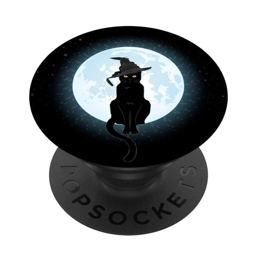3zz halloween gifts Vintage Scary Halloween Black Cat Costume Witch Hat and Moon PopSockets PopGrip: Swappable Grip for Phones & Tablets