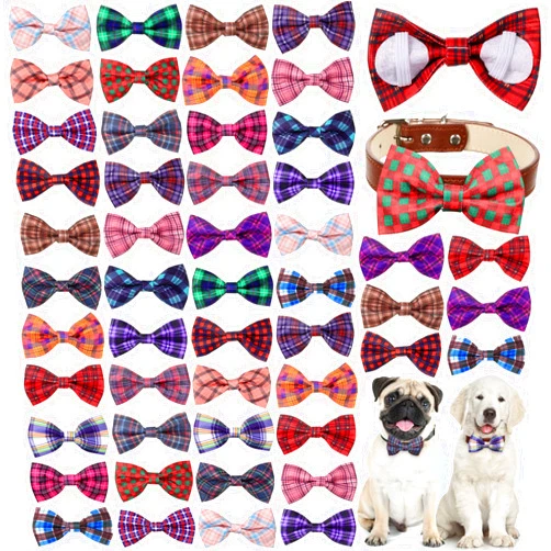 Reginary 50 Pieces Dog Bow Ties Pet Dog Collar Bow Puppy Dog Collar Attachment Bows with Rubber Bands for Small Medium Dogs Pet Grooming Charms Accessories Wedding Birthday Occasion (Plaid Style)