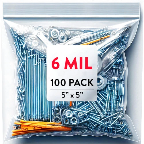 Guritta Small Storage Bag 5x5 inches, 6 Mil Small Zip Top Bag, Thick Zipper Bag, Mini Poly Plastic Bag, Reclosable Storage Bag, Zip Top Bag, Save Storage Bag for Nails, Screws, Food, Tool (PACK 100)