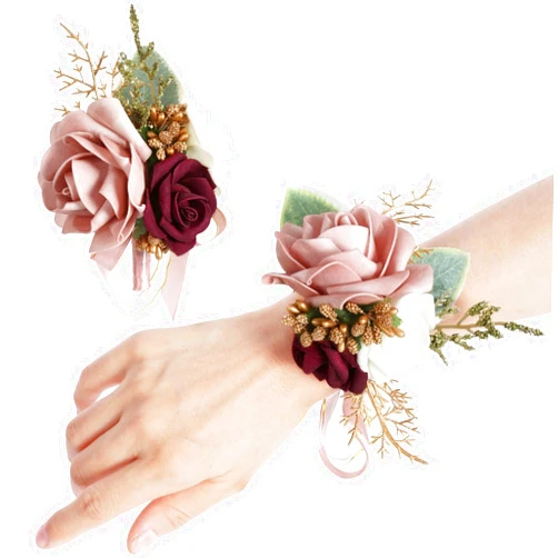 INSUNSIX Blush Pink Corsage and Boutonniere Set for Wedding Prom Bride Groom Homecoming Rose Wristlet Band Bracelet Men Boutonniere Set Red Corsage Wristband Boutonniere for Wedding Suit Decorations