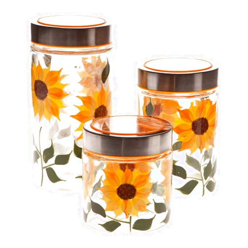 WalterDrake CUTIMAO Walter Drake Sunflower Canisters, Set of 3 in Different Sizes, Clear Glass with Painted Design & Metal Lids
