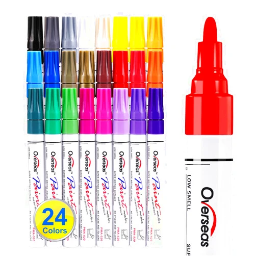 Overseas Paint Marker Pens - 24 Colors Permanent Oil Based Paint Markers, Medium Tip, Quick Dry and Waterproof Assorted Color Paint Pen for Metal, Wood, Plastic, Stone, Mugs, Canvas, Glass, Art Craft