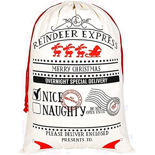 Posh Soiree Canvas Santa Sacks Reindeer Express - Personalized Gift Bags for Kids - Eco-friendly Cotton - 19” x 27” (Beige)