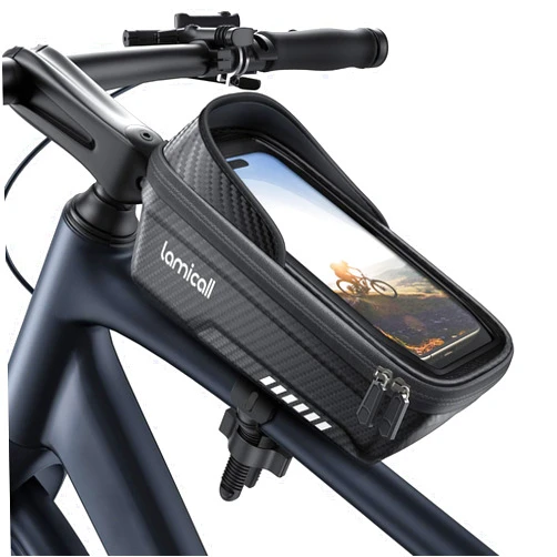 Lamicall Bike Frame Bag Waterproof - [1s Release] [2 in 1] Bike Phone Bag, Bike Phone Holder Mount, Bicycle Top Tube Bag, Cycling Pouch with Rain Cover, Bike Accessories for Phones Under 7