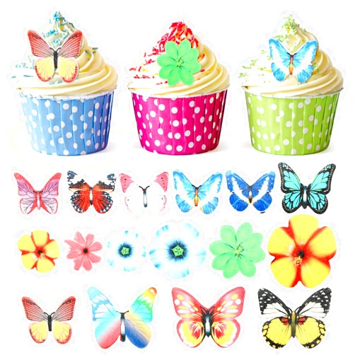 BBTO 100 Pieces Edible Flower Cupcake Toppers and Butterfly Cake Decorations Mixed Size Realistic Dessert Food Decor for Baby Shower Wedding Anniversary Kids Girls Women Birthday Party Favors Supplies