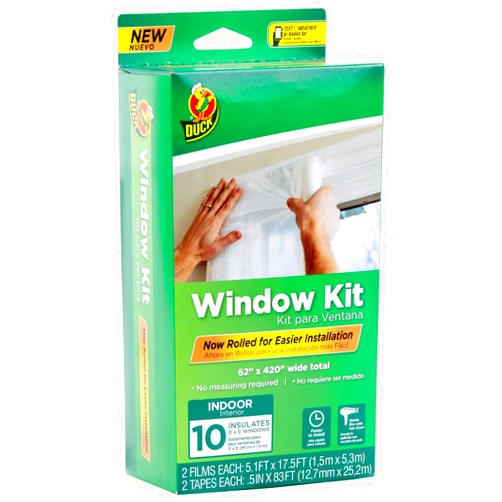 Duck Brand Window Insulation Kit - Winter Window Seal Kit Fits up to 10 Windows - Rolled Shrink Film Cuts to Size for Easy Indoor Installation - Window Tape Included - 62 In. by 420 In.- Clear