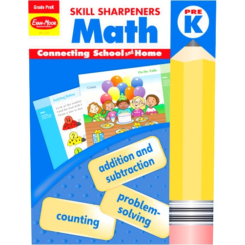 Evan-Moor Educational Publishers Evan-Moor Skill Sharpeners Math Workbook, PreK, Addition, Subtraction, Numbers, Identifying Geometric Shapes, Word Problems, Place Value, Tell Time, Patterning, Measuring, Fun Activities, Homeschool