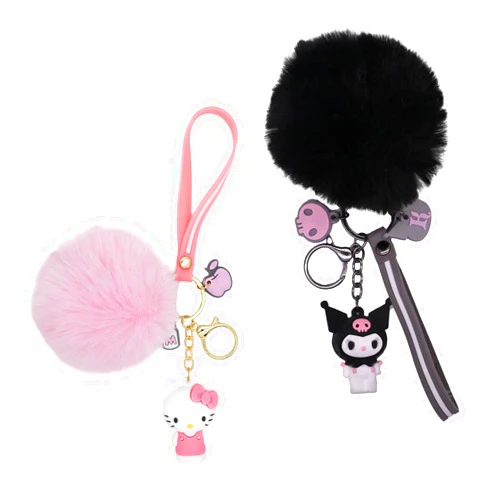HOYUNLA 2PCS Cute Pom Pom Keychains for Women，Kawaii Key chain for Backpack Decoration Wristlet Cartoon Keychain for Kids