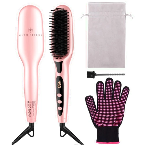 GLAMFIELDS Ionic Straightening Brush, GLAMFIELDS Hair Straightener Brush with Anti-Scald, Anti Frizz, 30s Fast Ceramic Heating, Auto Temperature Lock & Auto-off, Dual Voltage Straightening Comb for Home, Travel