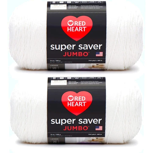 Red Heart Super Saver Jumbo White Yarn - 2 Pack of 396g/14oz - Acrylic - 4 Medium (Worsted) - 744 Yards - Knitting/Crochet