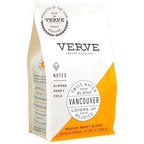 Verve Coffee Roasters Whole Bean Coffee Vancouver Swiss Water Decaf | Medium Roast, Espresso | No Caffeine, Direct Trade, Resealable Pouch | Enjoy Hot or Cold Brew | 12oz Bag