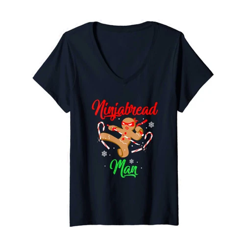 Christmas Funny Gingerbread Lover - DressedForDuty Womens Ninjabread Gingerbread Cookies Merry Christmas Boy Girl V-Neck T-Shirt