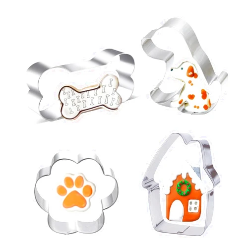 TOPYUCHU 4 Pieces Dog Treats Cookie Cutters, Pet Themed Shapes of Dog Bone, Paw Print, Puppy and Dog House Stainless Steel Molds Cutter Set for Dog Lover
