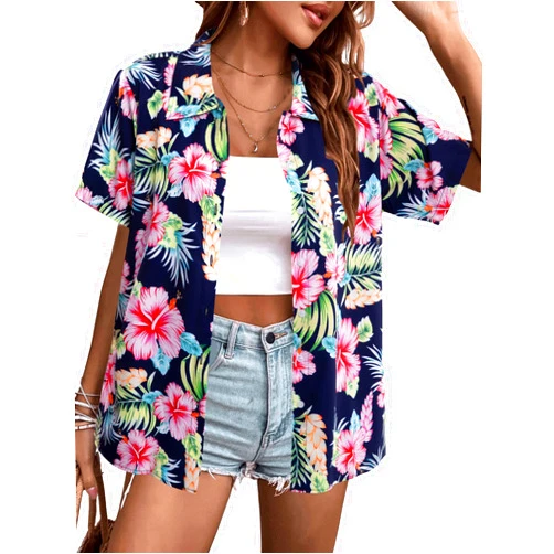 MYHALF Women Hawaiian Shirt Soft Cool Summer Hawaii Shirts Floral Tropic Print V Neck T-Shirt Short Sleeve Button Up Tops