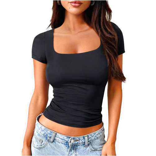 Trendy Queen Womens Short Sleeve T Shirts Square Neck Crop Going Out Cute Tops for Women Basics Tees Summer Trendy Clothes