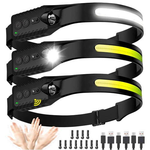 Nessciera (3-Pack) Headlamp Rechargeable, LED Head Lamp Flashlight, 230° Wide Beam Headband Light, 400 Lumen Super Bright, Waterproof Headlight, Motion Sensor, 5 Modes for Running, Fishing, Hiking, Camping