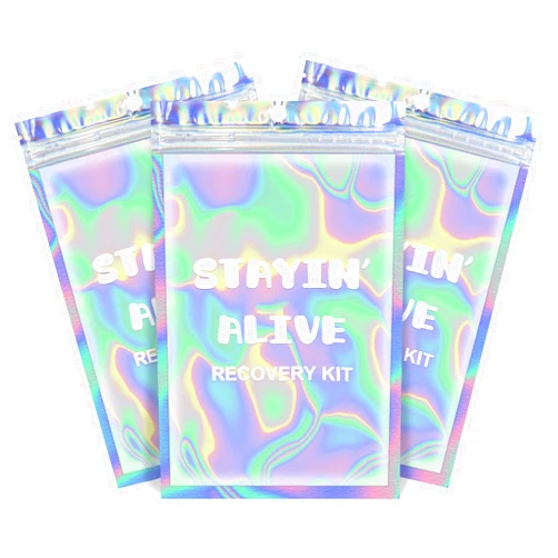 Fcuadro Hangover Kit Bags 20Pcs Stayin Alive Holographic Hang Over Recovery Bags Bachelorette Party Supplies Gift Bags for Bach Party Favors 5X7