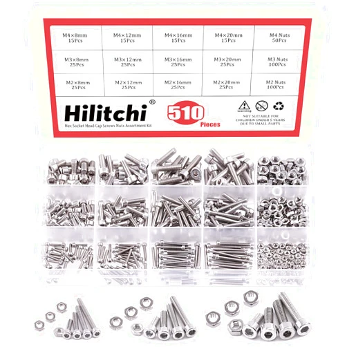 Hilitchi 510-Piece M2 M3 M4 Stainless Steel Hex Socket Head Cap Screws Nuts Assortment Kit with Box - 304 Stainless Steel