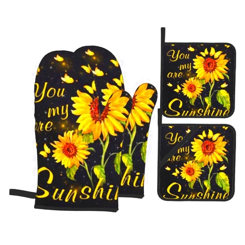 Opumxzb You are My Sunshine Sunflower Oven Mitts and Pot Holders Sets 4 Pcs Set, Heat Resistant Oven Gloves Hot Pad for Kitchen Cooking Baking BBQ