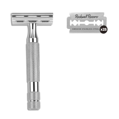 Rockwell Razors 6C White Chrome Double-Edge Safety Razor with 6 Adjustable Shave Settings and 25 Blades