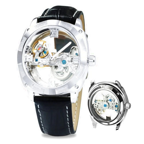 Caluxe Men Golden Bridge Skeleton Watch Automatic Mechanical Waterproof Calf Leather Strap