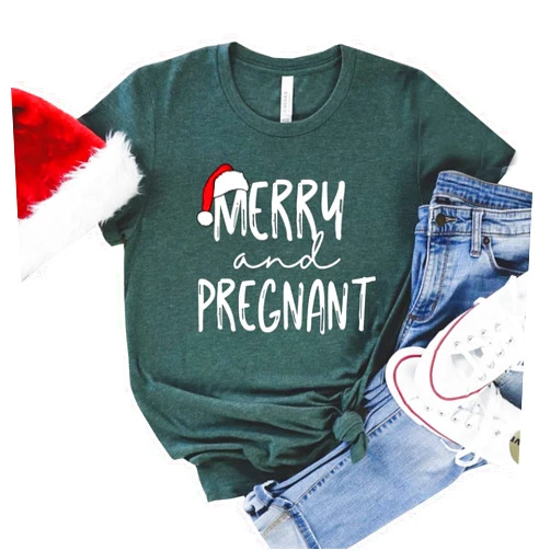 ZIFOTA Merry and Pregnancy T-Shirt Christmas Pregnancy Shirt Women Christmas Pregnancy Announcement Shirt Xmas Gift Shirt Tops