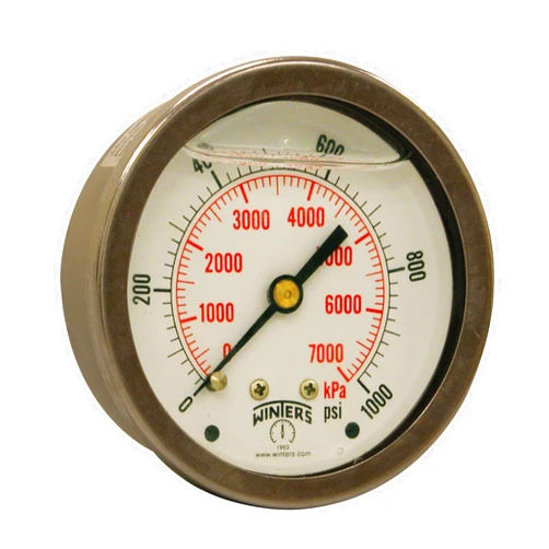 Winters Instruments Winters PFQ Series Stainless Steel 304 Dual Scale Liquid Filled Pressure Gauge, 0-1000 psi/kpa, 2
