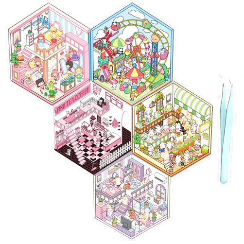 WUUPCKY 5 Set DIY 3D House Stickers - Fun DIY Stickers Scene Make Your Own - Clothing Store, Shop, Amusement Park - Adults, Kids