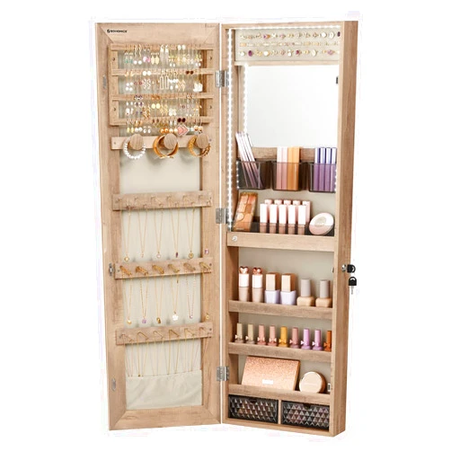 SONGMICS Jewelry Cabinet Armoire Organizer with LED Lights, Wall-Mounted Storage Cabinet with Full-Length Frameless Mirror, Built-in Makeup Mirror, 2 Drawers, Lockable, Camel Brown UJJC013N01