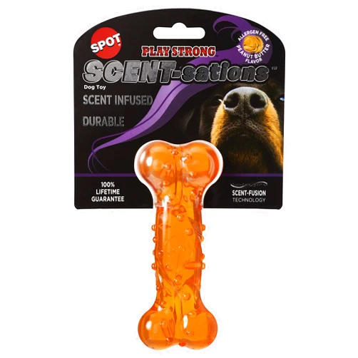 SPOT Play Strong Scent-sations Bone- Scent-Infused, Strong, Durable TPR Rubber, Heavy Duty Dog Toys for Aggressive Chewers up to 45lbs, Great for Puppies & Medium Breeds, 5in, Peanut Butter Flavored