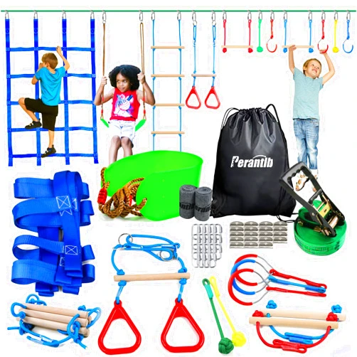 Perantlb Ninja Warrior Obstacle Course for Kids - Ninja Slackline 52' with 11 Accessories for Kids, Includes Swing, Obstacle Net ,Rope Ladder,Slackline Gymnastic Bar, Become a Ninja Warrior